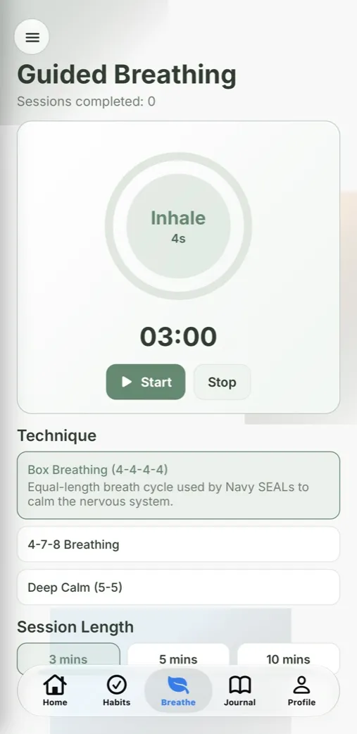 MyWellMate guided breathing session ready to start