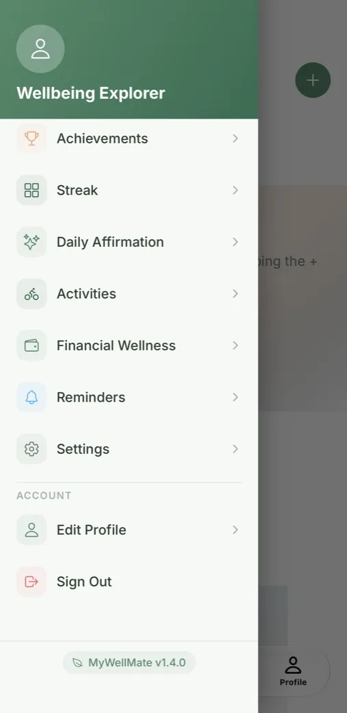 MyWellMate menu listing achievements, streak, daily affirmation, activities, financial wellness, reminders and settings