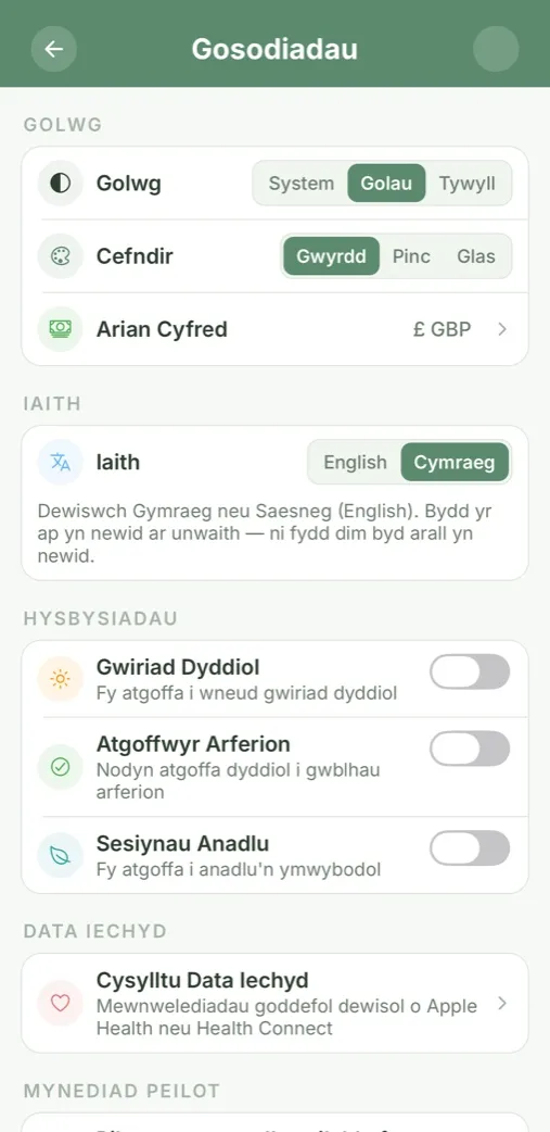 MyWellMate settings screen in Welsh, with appearance, language and reminder options