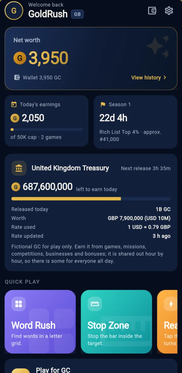 Rich World home screen showing a player’s Gold Coin balance, season progress and quick play games