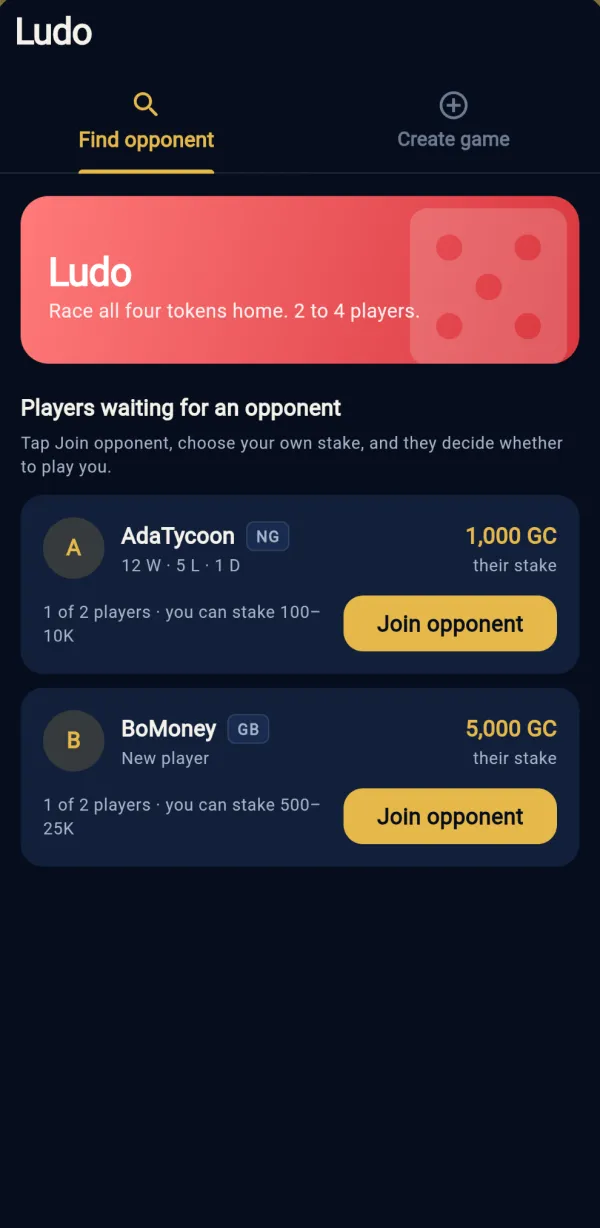 Rich World Ludo lobby listing players waiting for an opponent