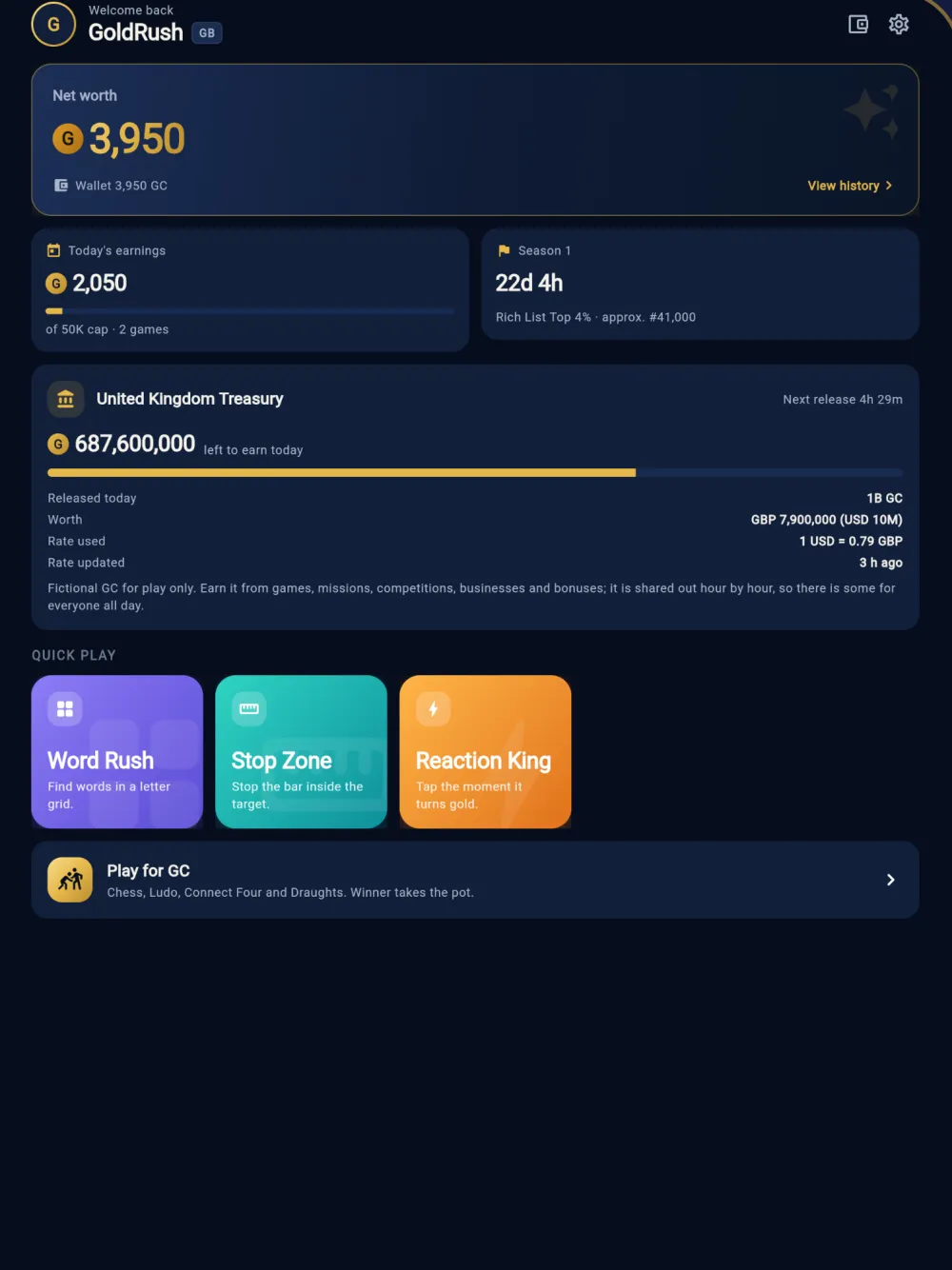 Rich World home screen on a tablet with quick play games