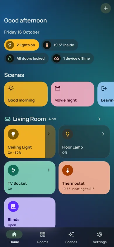 Domnia in the Glass style in dark mode, over a blue background.