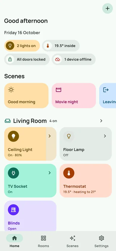 Domnia's home screen: lights, heating and scenes, grouped by room.