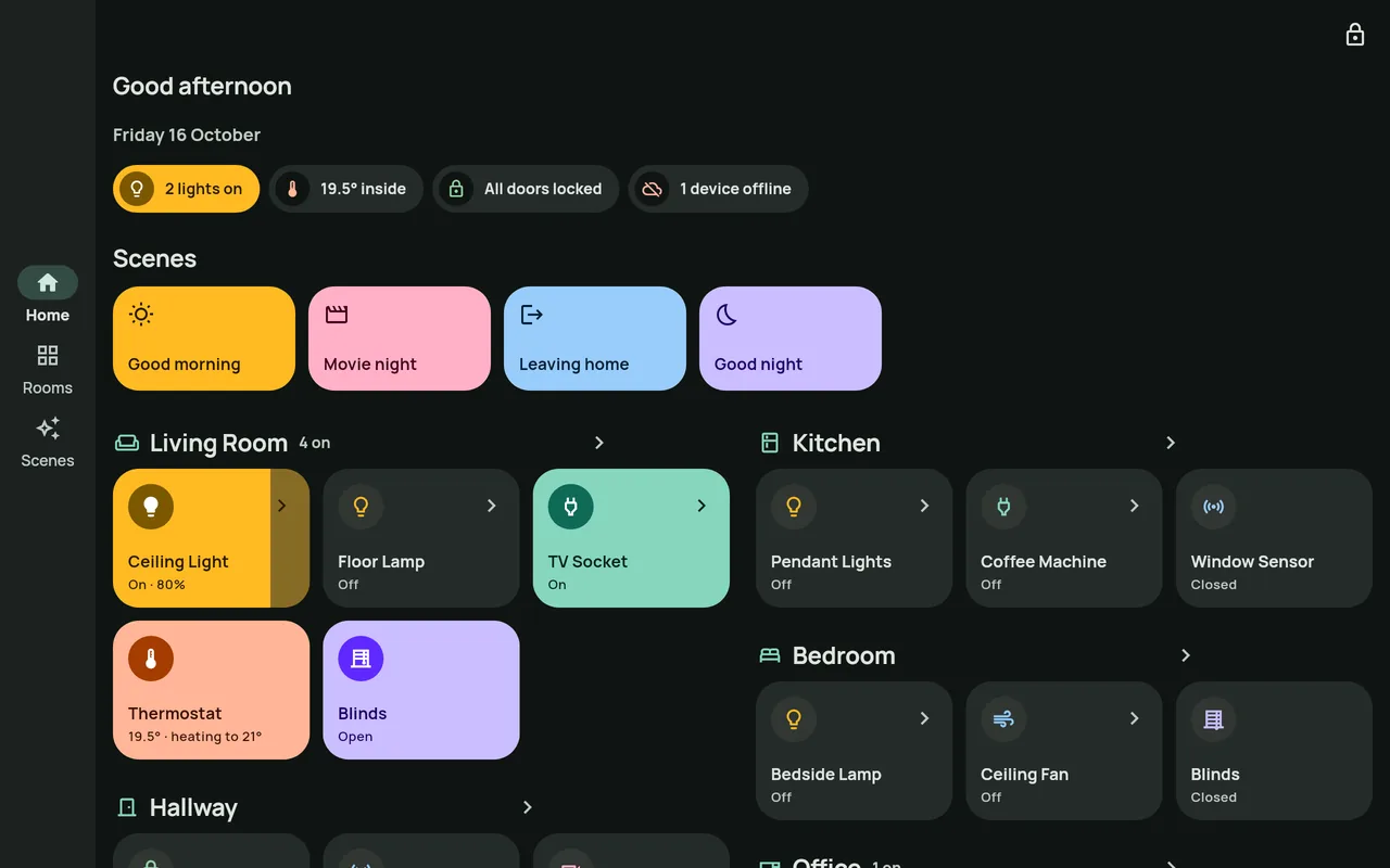 Domnia as a wall panel in dark mode, with rooms side by side.